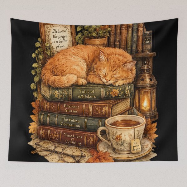 Item preview, Cozy Bookish Cat Watercolor Sticker | Sleeping Ginger Cat on Vintage Books | Library Aesthetic | Autumn Reading Lover Gift designed and sold by LuxeBuzz.