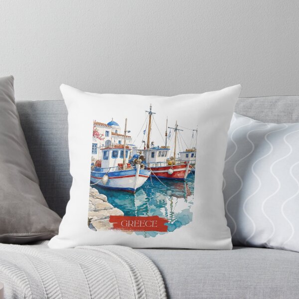 Item preview, Greek Harbour Morning - Watercolor Fishing Boats & Aegean Island Architecture Art designed and sold by S-and-W-4ever.