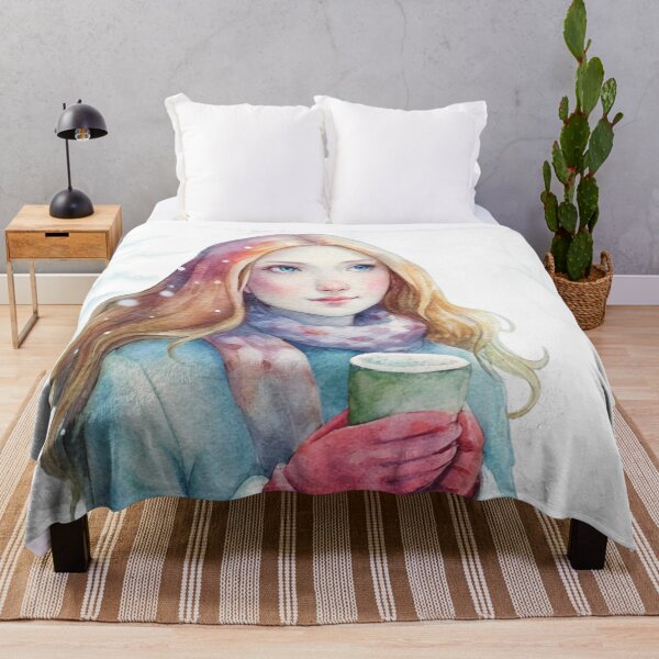 Item preview, Winter Serenity Watercolor Portrait of a Girl with Hot Cocoa designed and sold by Angellacelin.