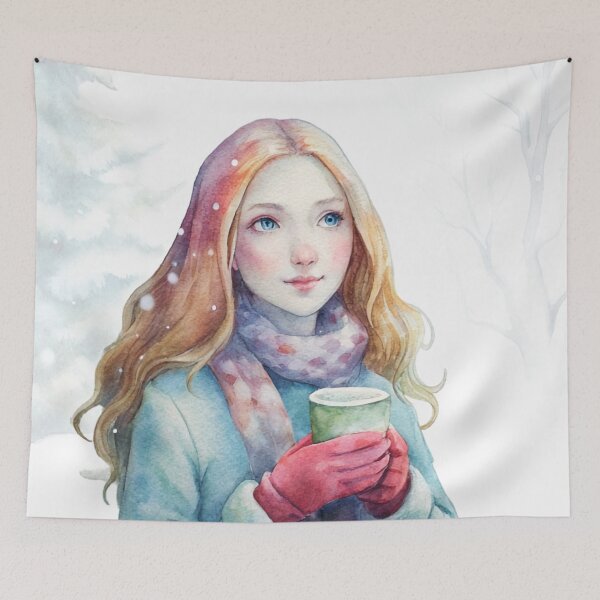 Item preview, Winter Serenity Watercolor Portrait of a Girl with Hot Cocoa designed and sold by Angellacelin.