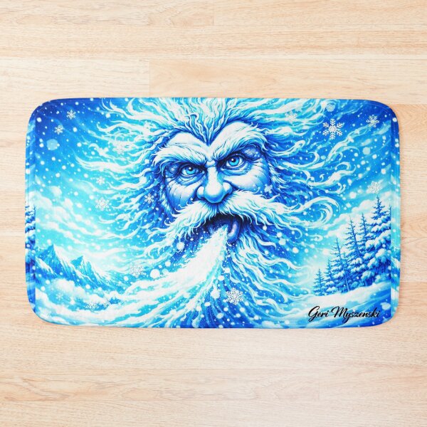 Item preview, Old Man Winter Panoramic Blizzard Legend – Icy Blue Fantasy Cartoon Art by Geri Myszensk designed and sold by The Art Queen Of Michigan .