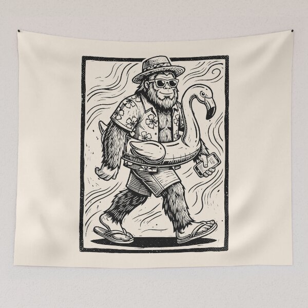 Item preview, Linocut Bigfoot Sasquatch Summer Vacation Cryptid Hawaiian   designed and sold by Y-Vibes.