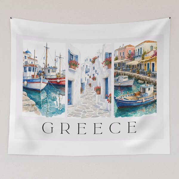 Item preview, Glimpses of Greece - Watercolour Triptych Aegean Harbour & Alleyway Art designed and sold by S-and-W-4ever.