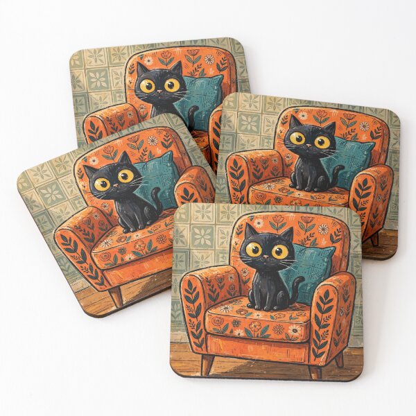 Item preview, Black Cat on Vintage Orange Floral Armchair designed and sold by Rohan132.