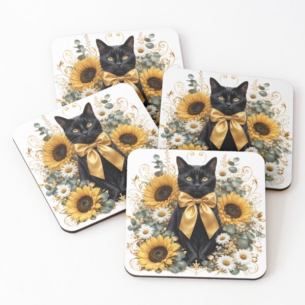 Item preview, Black Cat with Sunflowers and Gold Bow – Elegant Floral Cat Design designed and sold by MoodLay.