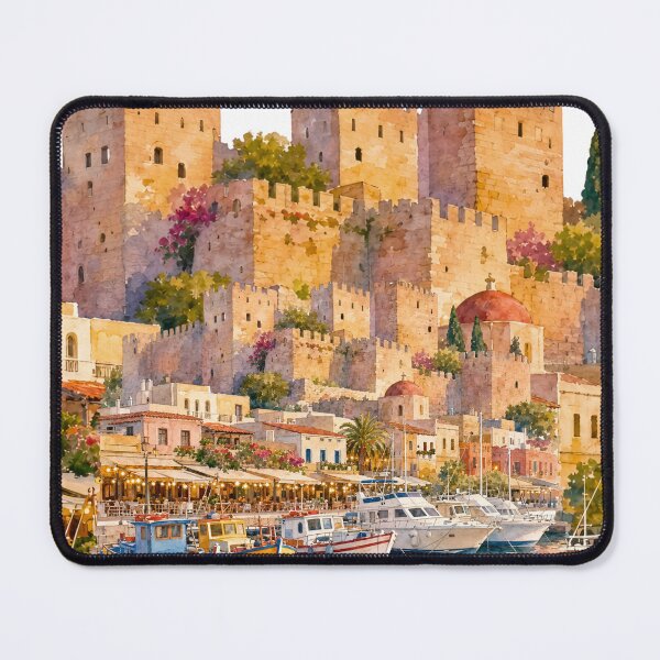 Item preview, Rhodes Golden Hour - Medieval Castle & Harbour Watercolour Art designed and sold by S-and-W-4ever.