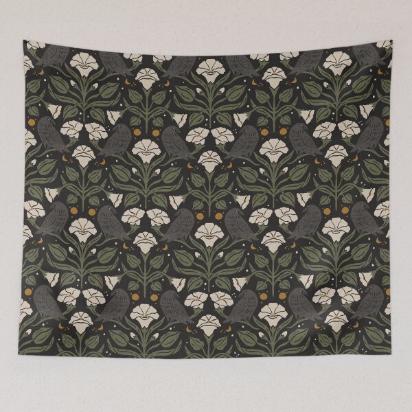 Item preview, Black Gold Raven Moonflower Gothic Botanical Damask designed and sold by carlyxdesigns.
