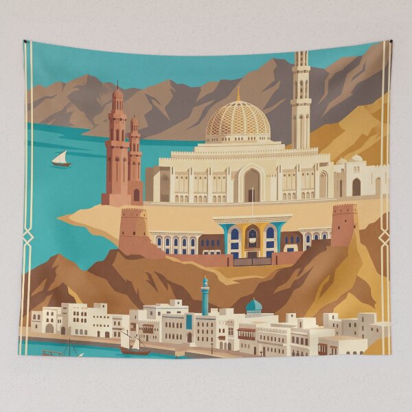 Item preview, Muscat Oman Vintage Travel Poster – Grand Mosque and Al Alam Palace Retro Art designed and sold by Bomax121.