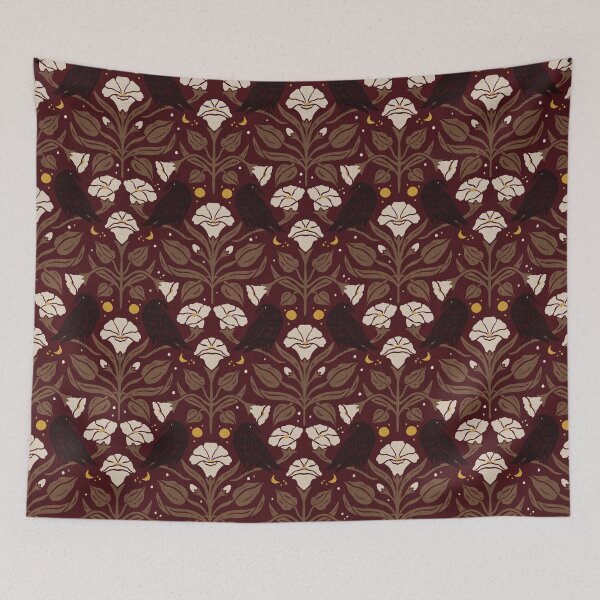 Item preview, Burgundy Gold Raven Moonflower Gothic Botanical Damask designed and sold by carlyxdesigns.