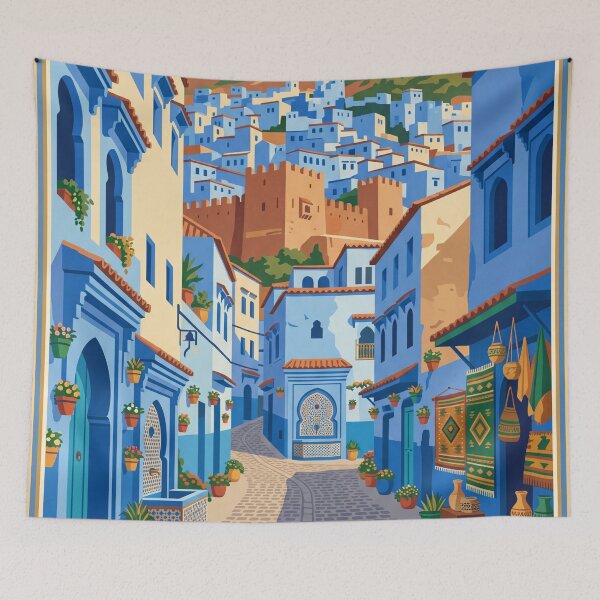 Item preview, Chefchaouen Morocco Vintage Travel Poster – Blue City Medina Retro Art designed and sold by Bomax121.
