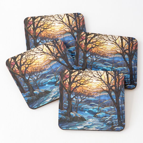 Item preview, Winter Sunset Forest Stained Glass Landscape designed and sold by pinkal.