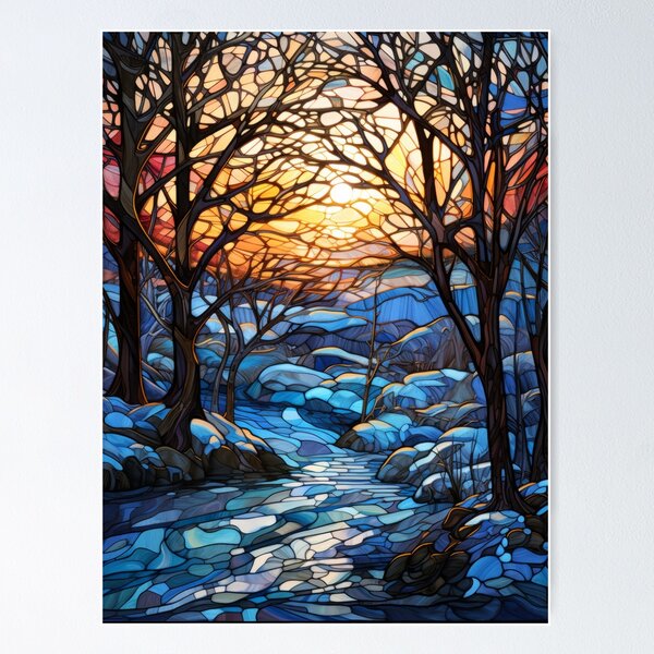 Item preview, Winter Sunset Forest Stained Glass Landscape designed and sold by pinkal.