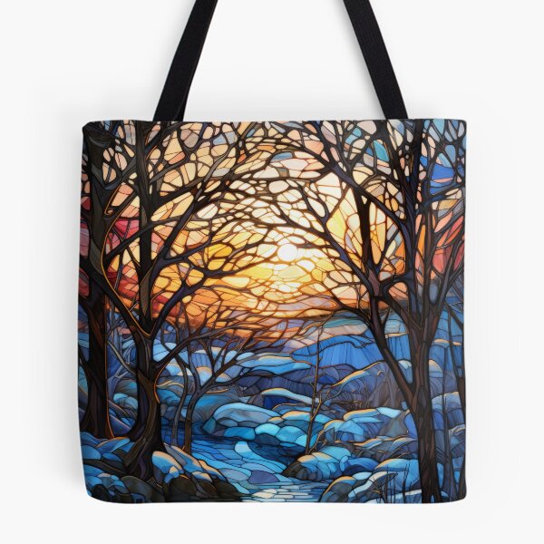 Item preview, Winter Sunset Forest Stained Glass Landscape designed and sold by pinkal.