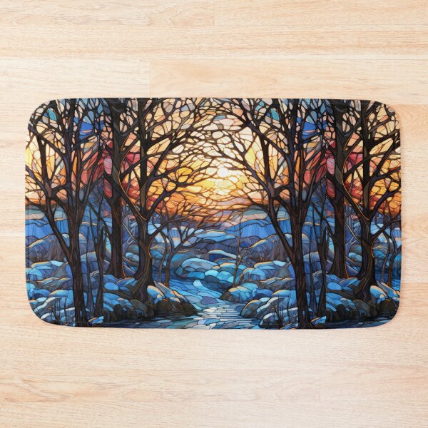 Item preview, Winter Sunset Forest Stained Glass Landscape designed and sold by pinkal.