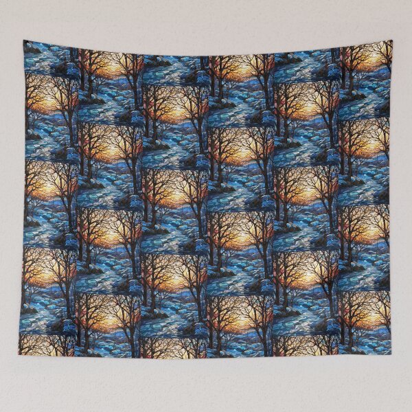 Item preview, Winter Sunset Forest Stained Glass Landscape designed and sold by pinkal.