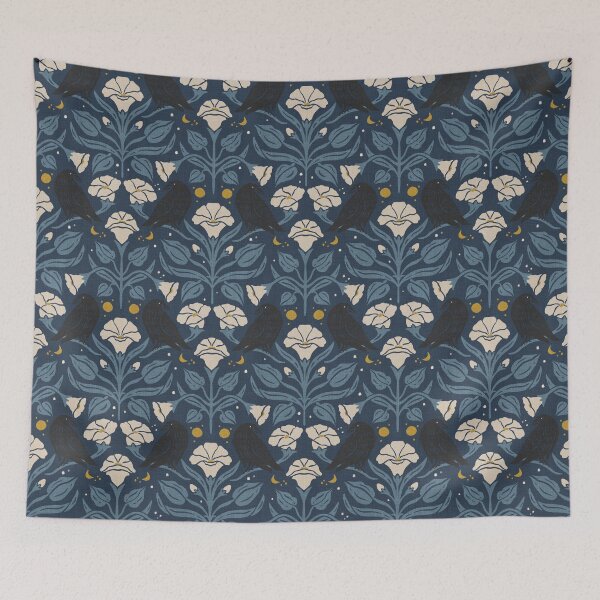 Item preview, Navy Gold Gold Raven Moonflower Gothic Botanical Damask designed and sold by carlyxdesigns.
