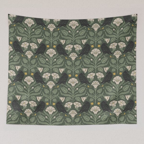 Item preview, Forest Green Gold Raven Moonflower Gothic Botanical Damask designed and sold by carlyxdesigns.