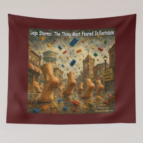 Item preview, Lego Storms in Footsdale – Surreal Humor Cartoon designed and sold by Rick London Gifts.