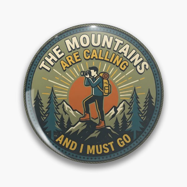 Item preview, The Mountains Are Calling and I Must Go — Vintage Hiking Badge Photographer Outdoors Art designed and sold by Amplify-n-Co.