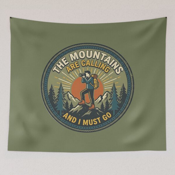 Item preview, The Mountains Are Calling and I Must Go — Vintage Hiking Badge Photographer Outdoors Art designed and sold by Amplify-n-Co.