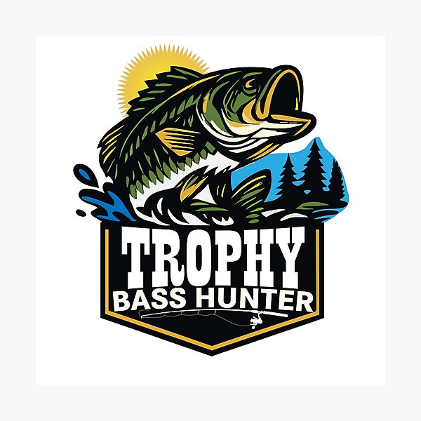 Item preview, Bass fishing Illustration in logo style with custom text "Trophy Bass Hunter". designed and sold by Art-Horizon.