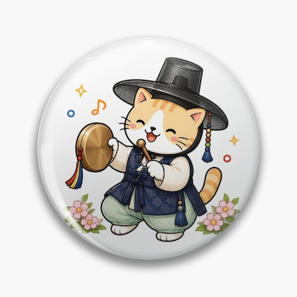 Item preview, Cute Korean Traditional Hanbok Cat Playing Kkwaenggwari Gong Illustration designed and sold by NoopnyangStudio.