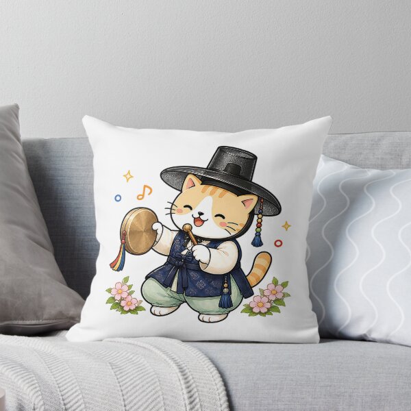 Item preview, Cute Korean Traditional Hanbok Cat Playing Kkwaenggwari Gong Illustration designed and sold by NoopnyangStudio.
