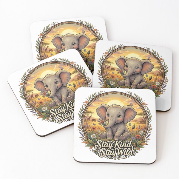Item preview, Stay Kind Stay Wild Cute Baby Elephant Vintage Floral Savanna Sunset designed and sold by DMQ-Designs.