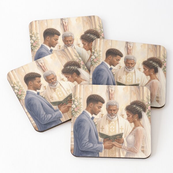 Item preview, Vows Christian Wedding Ceremony – Black Bride and Groom Exchanging Rings Before Jesus, Faith Marriage Watercolor designed and sold by AgnieshkaSiwek.