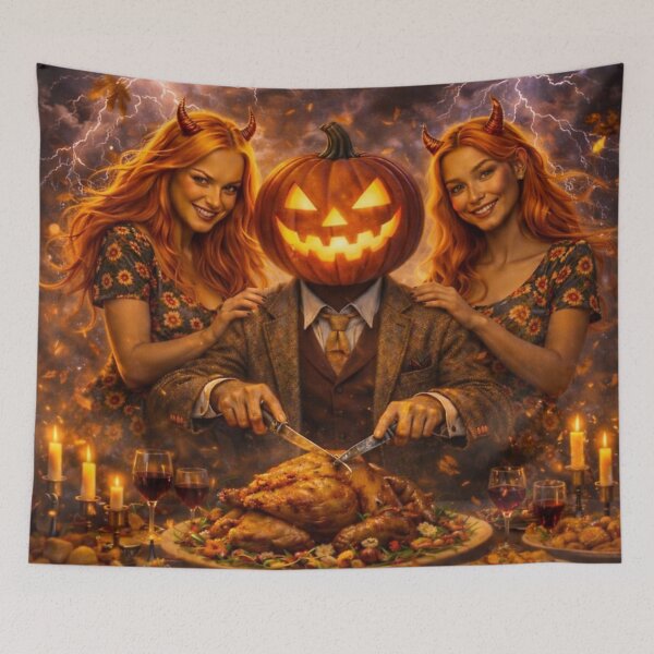 Item preview, Headless Horseman Devil Twins Feast – Gothic Halloween Fantasy Art designed and sold by TheHorsemanRidesAgain.