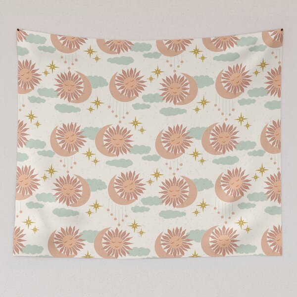 Item preview, Medium Boho Celestial Sun Moon Clouds Dreamy Pastel Cosmic Pattern designed and sold by DColourMuse.