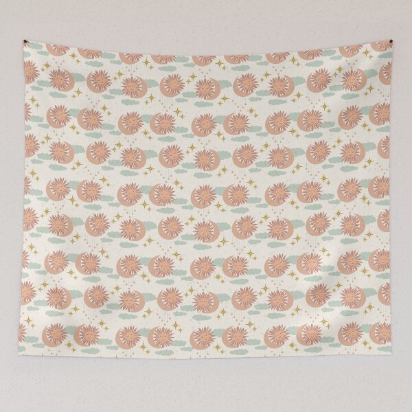 Item preview, Small Boho Celestial Sun Moon Clouds Dreamy Pastel Cosmic Pattern designed and sold by DColourMuse.