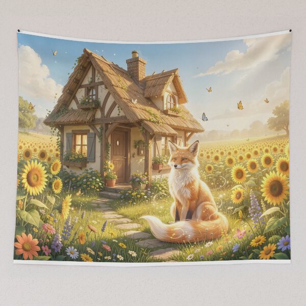 Item preview, Quaint Cottage and Magical Fox in Sunflower Field designed and sold by Fanta-sticky.