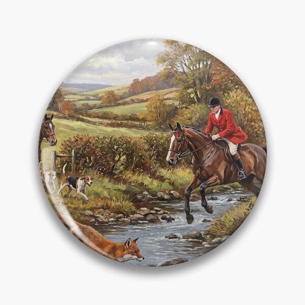 Item preview, Fox Hunting Autumn River Stream Classic Equestrian Oil Painting designed and sold by KiwiRider.