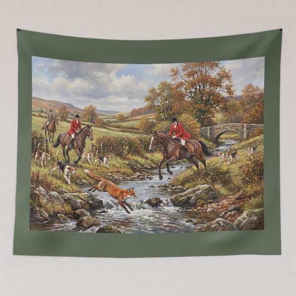 Item preview, Fox Hunting Autumn River Stream Classic Equestrian Oil Painting designed and sold by KiwiRider.