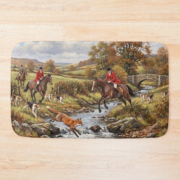 Item preview, Fox Hunting Autumn River Stream Classic Equestrian Oil Painting designed and sold by KiwiRider.