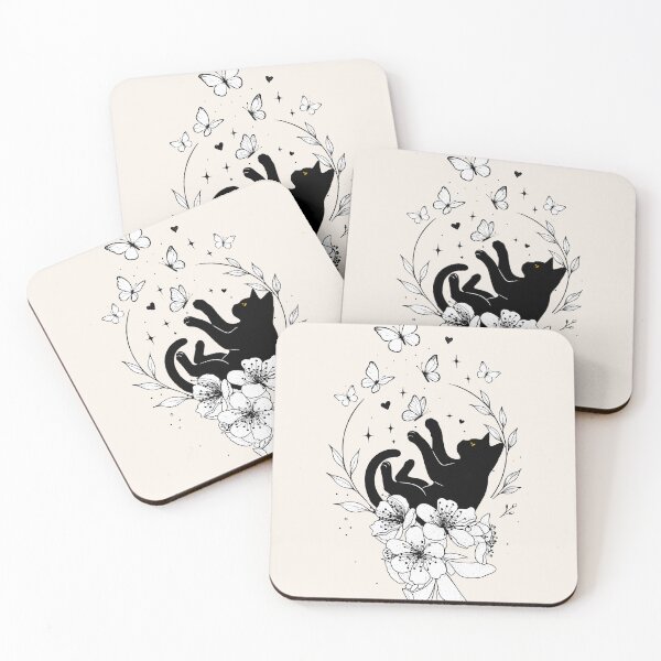 Item preview, Magical Black Cat and Butterflies Floral Boho Line Art designed and sold by PurrfectHome.