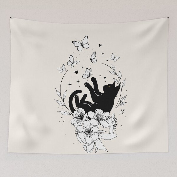 Item preview, Magical Black Cat and Butterflies Floral Boho Line Art designed and sold by PurrfectHome.