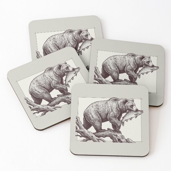 Item preview, Grizzly Bear Catching Salmon Wildlife Woodcut Engraving designed and sold by KiwiRider.