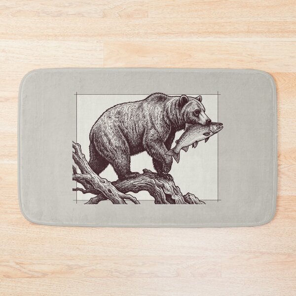 Item preview, Grizzly Bear Catching Salmon Wildlife Woodcut Engraving designed and sold by KiwiRider.