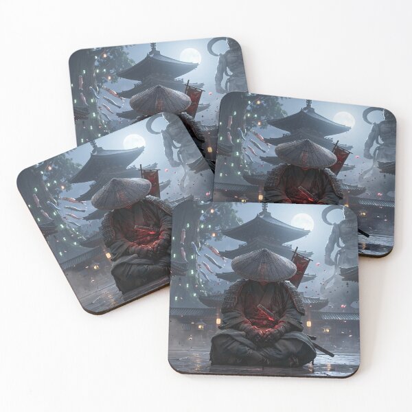 Item preview, Epic Samurai Meditating Moonlit Temple designed and sold by GalleryBrisArt.