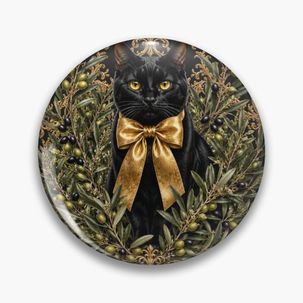 Item preview, Black Cat with Olive Branches and Gold Bow – Elegant Mediterranean Botanical Cat Design designed and sold by MoodLay.