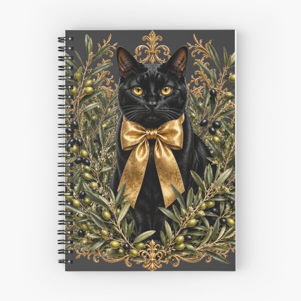 Item preview, Black Cat with Olive Branches and Gold Bow – Elegant Mediterranean Botanical Cat Design designed and sold by MoodLay.