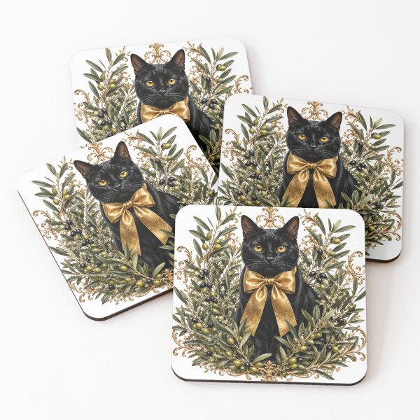 Item preview, Black Cat with Olive Branches and Gold Bow – Elegant Mediterranean Botanical Cat Design designed and sold by MoodLay.