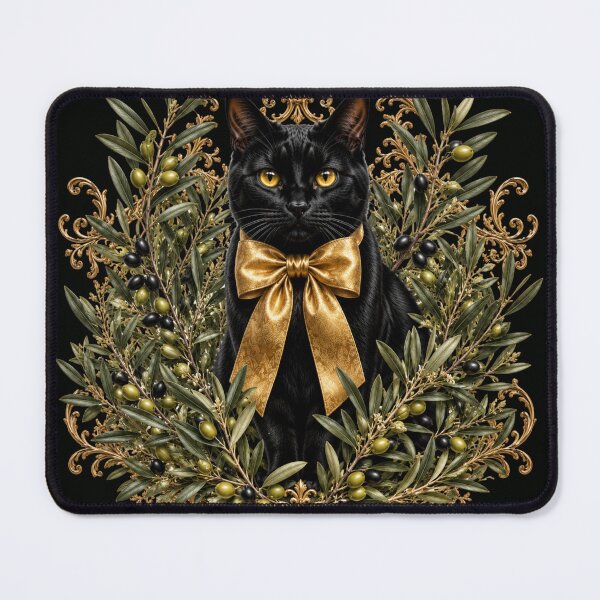 Item preview, Black Cat with Olive Branches and Gold Bow – Elegant Mediterranean Botanical Cat Design designed and sold by MoodLay.