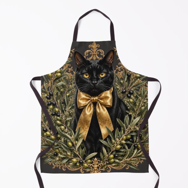 Item preview, Black Cat with Olive Branches and Gold Bow – Elegant Mediterranean Botanical Cat Design designed and sold by MoodLay.