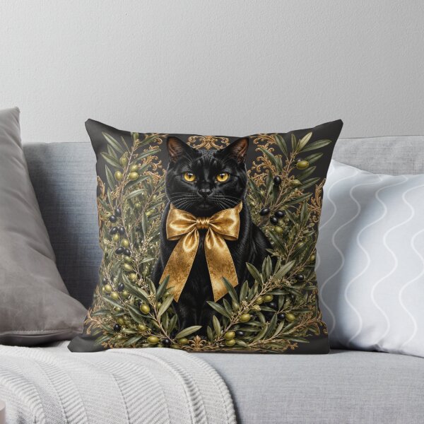 Item preview, Black Cat with Olive Branches and Gold Bow – Elegant Mediterranean Botanical Cat Design designed and sold by MoodLay.