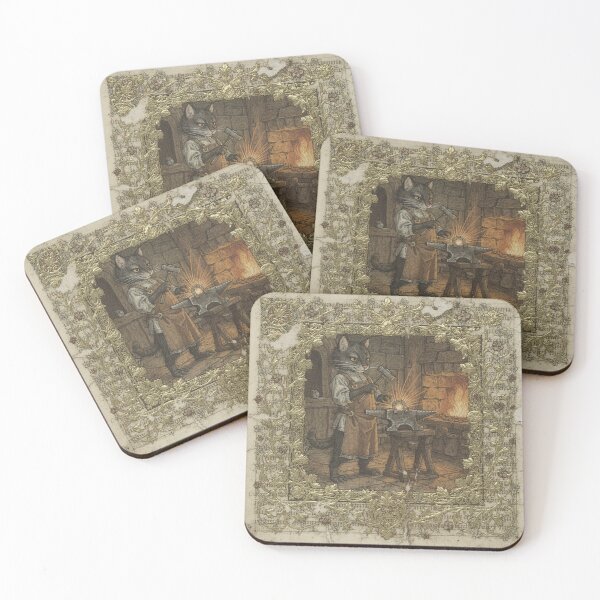 Item preview, Medieval Cat Blacksmith Forging a Tiny Horseshoe Manuscript Art designed and sold by PictorialWhimsy.