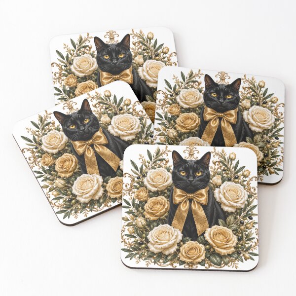 Item preview, Elegant Black Cat with Gold Bow and Vintage Cream Roses designed and sold by MoodLay.