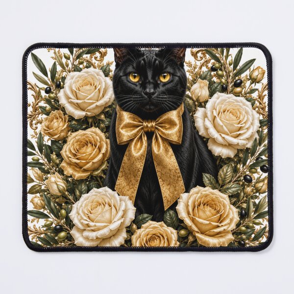 Item preview, Elegant Black Cat with Gold Bow and Vintage Cream Roses designed and sold by MoodLay.